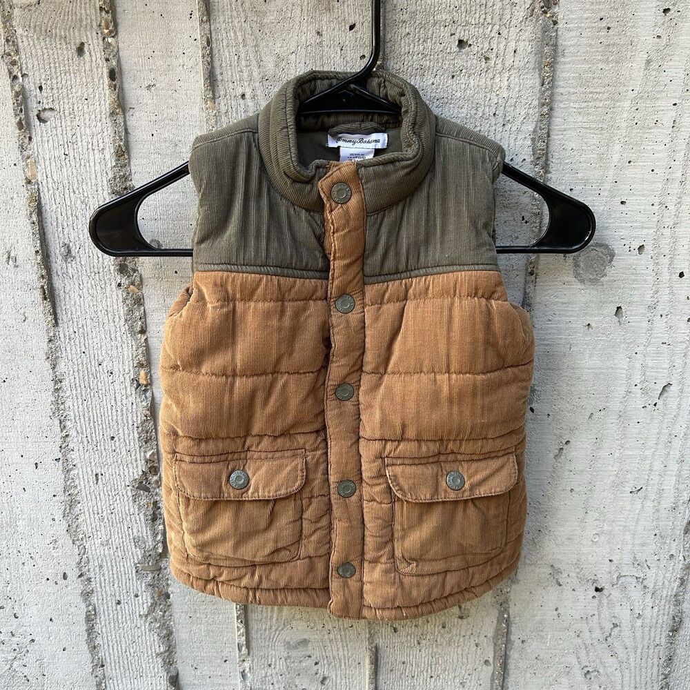 Tommy Bahama Boys 5/6 Corduroy Quilted Puffer Vest Snap Pockets Colorblock Retro